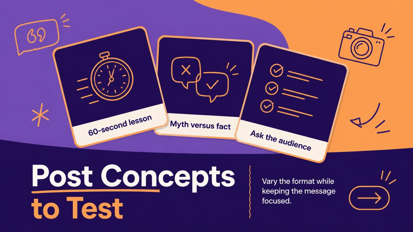 Social post concept slide showing three creative formats for a content strategy campaign.