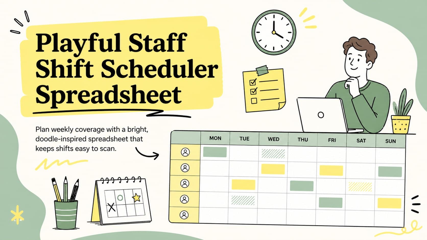 Cover for a playful staff shift scheduler spreadsheet featuring yellow, green, and black doodle-style workplace graphics.