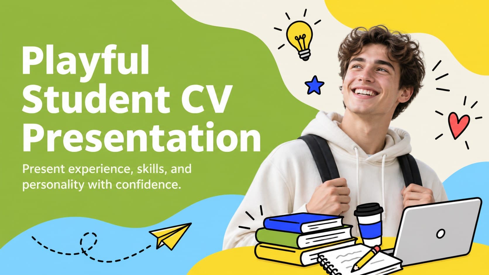 Colorful cover for a playful student CV presentation with hand-drawn career and study illustrations.