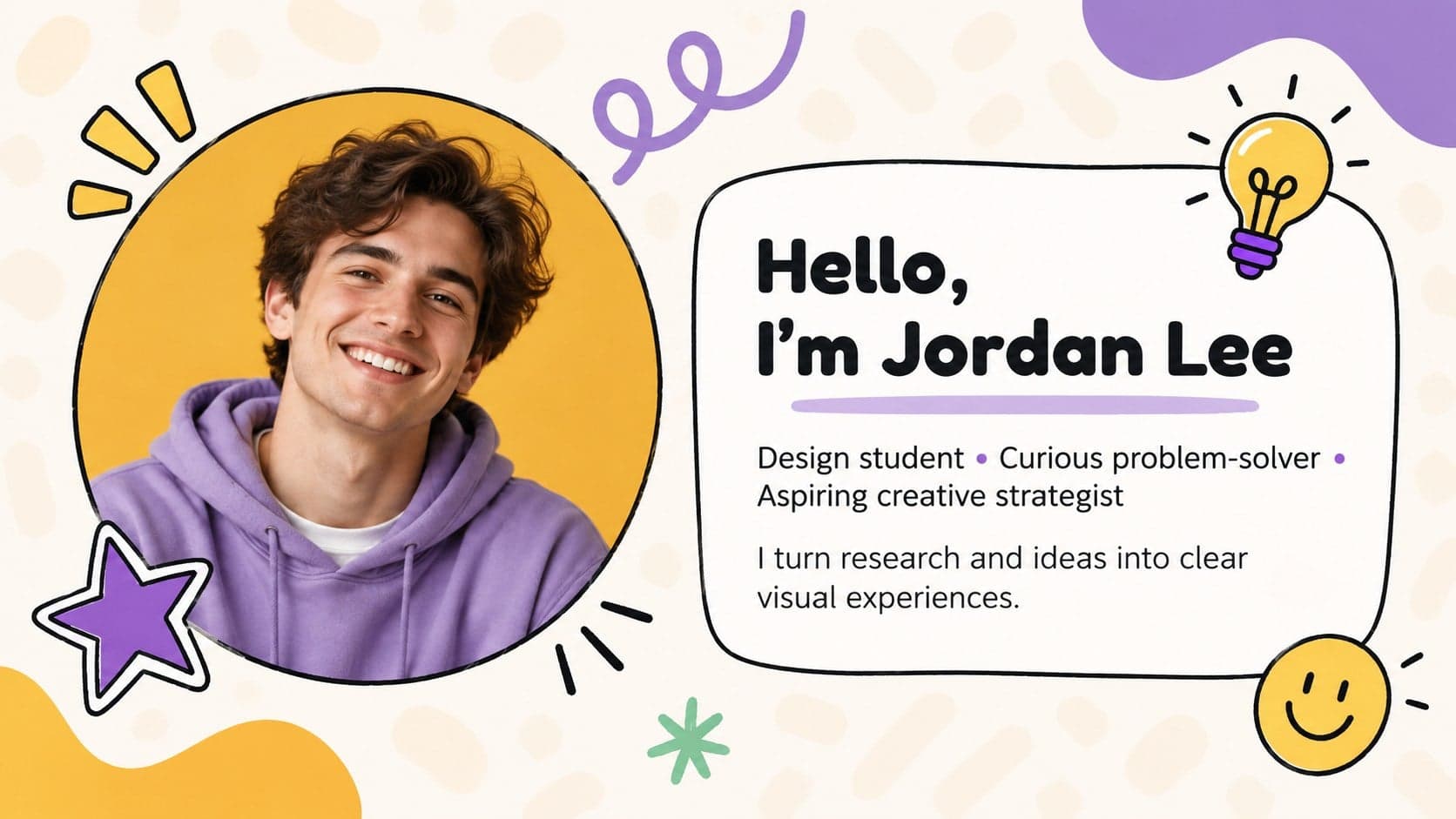 Student career profile slide introducing a candidate with colorful doodles and a portrait frame.