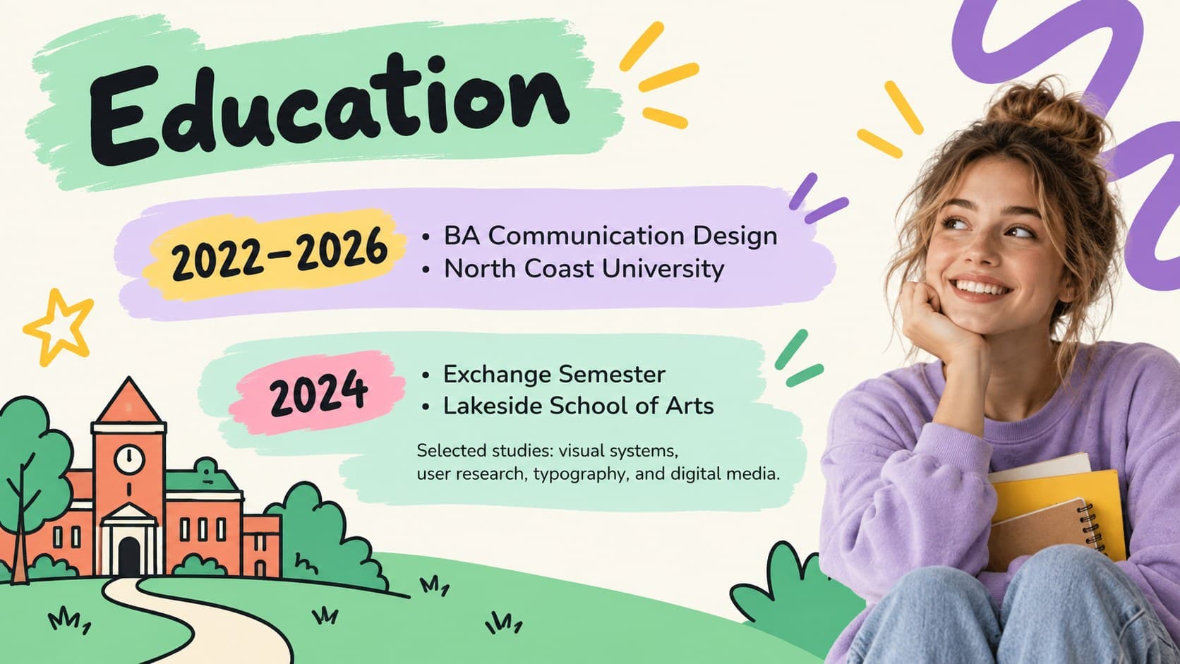Education history layout for a graduate portfolio presentation template with two academic milestones.