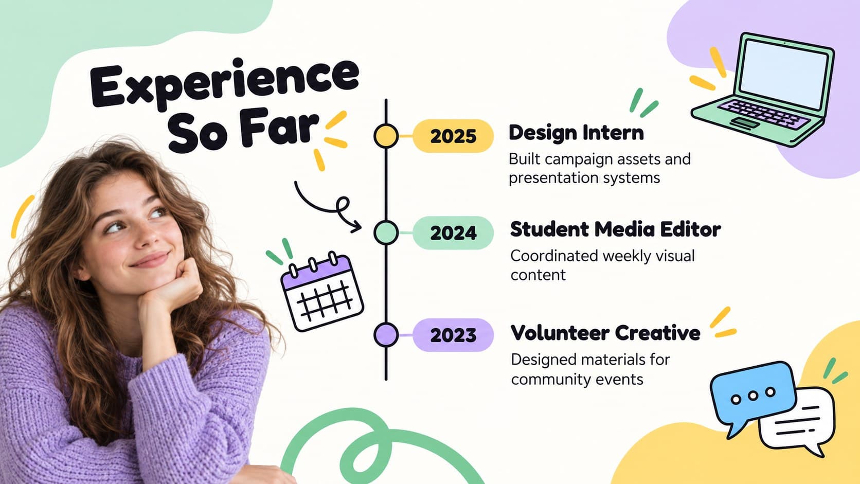 Creative internship application slide showing work experience in a colorful vertical timeline.