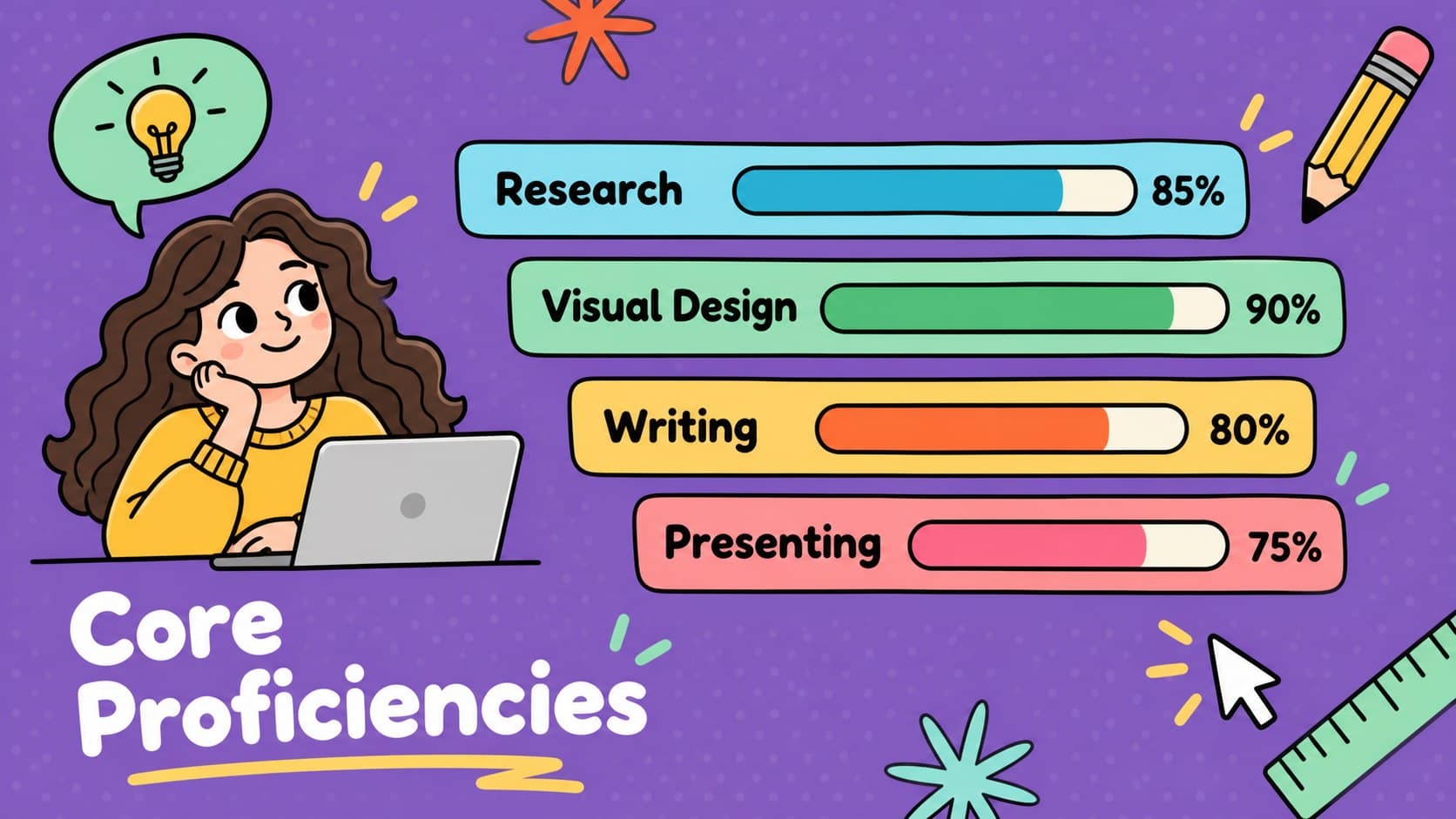 Colorful student CV presentation page with proficiency bars for research, design, writing, and presenting.