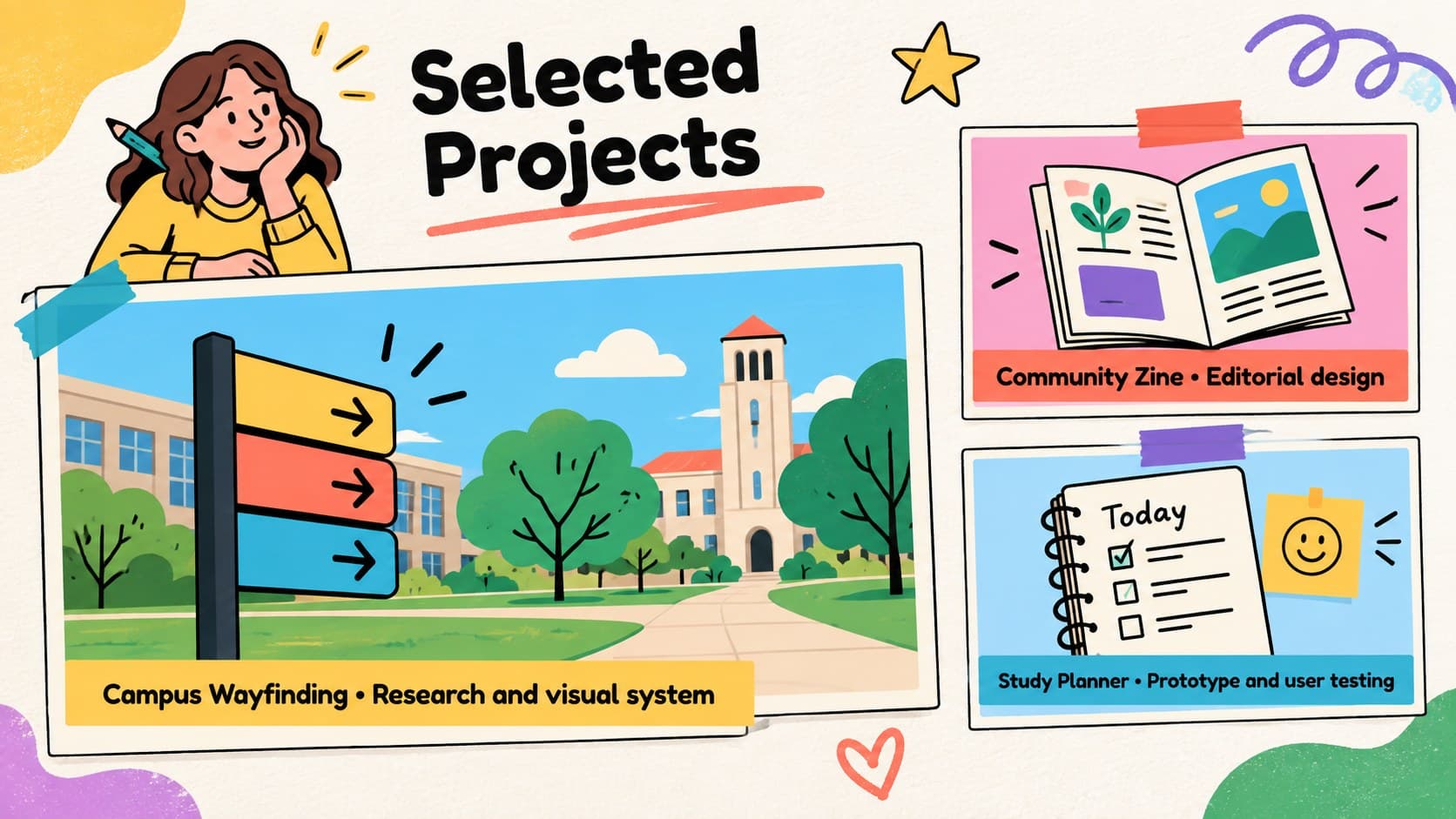 Illustrated job application slide deck page highlighting three student portfolio projects.