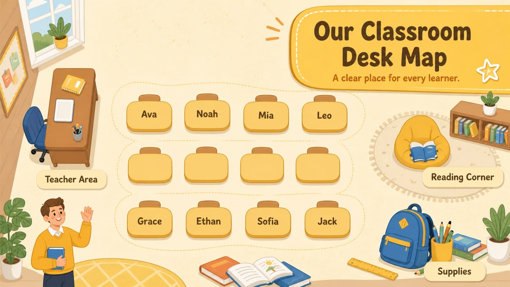Editable elementary classroom seating plan with labeled desks, a teacher area, and a bright yellow illustrated border.