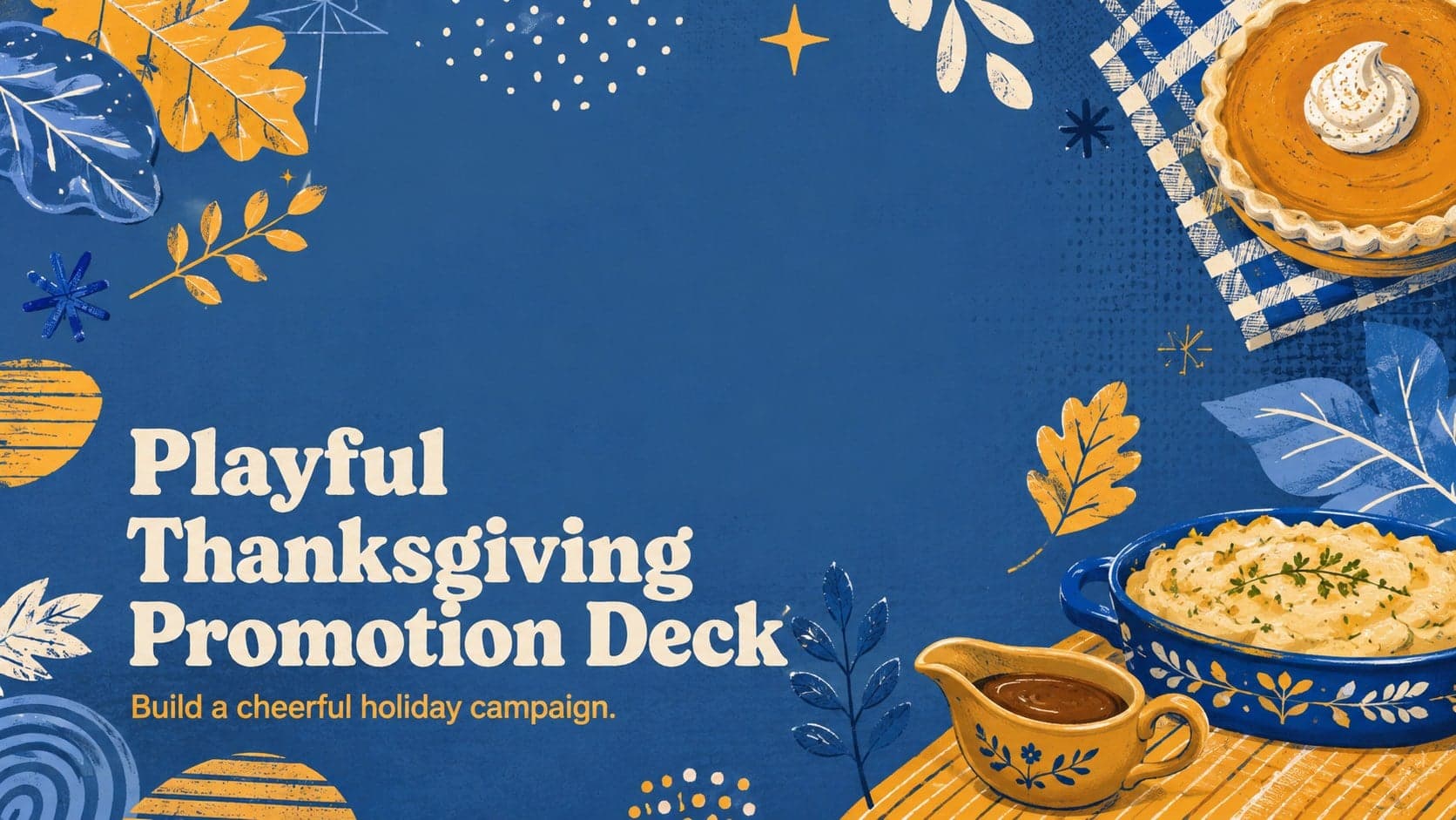 Cover of a playful Thanksgiving promotion deck with blue and yellow doodles and a bold seasonal headline.