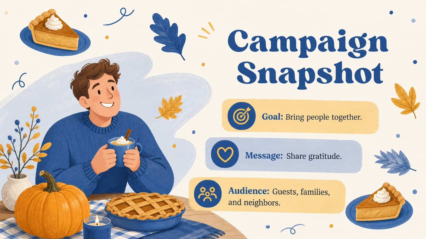 Thanksgiving campaign overview slide presenting the event goal, message, and audience in a playful layout.