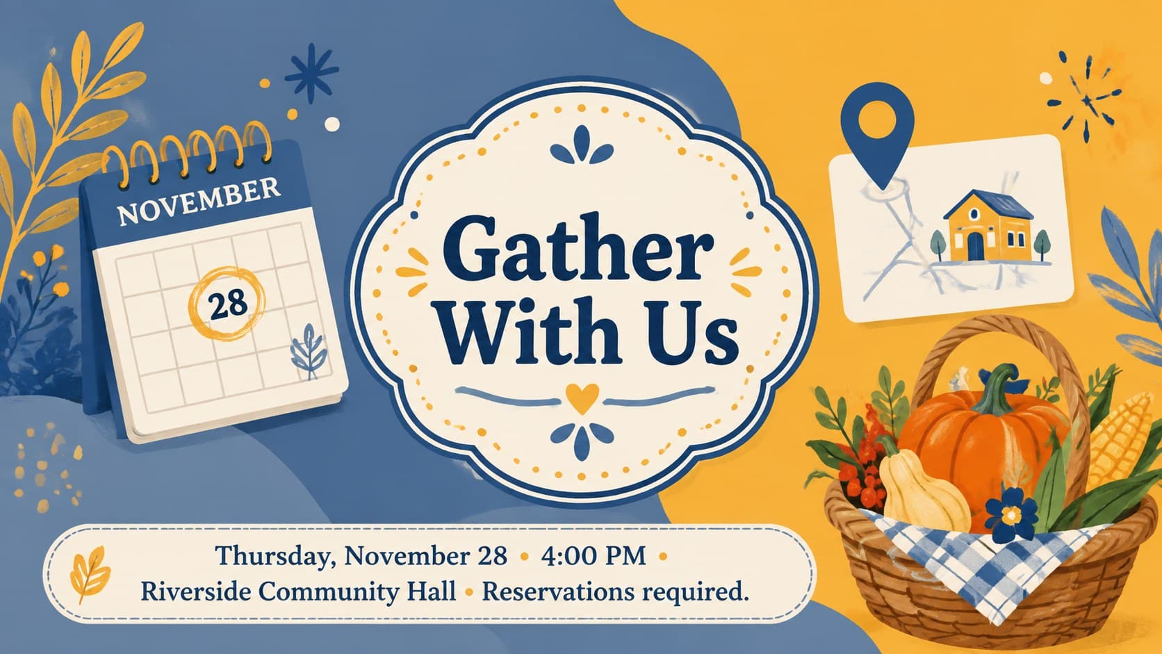 Editable Thanksgiving event promotion presentation slide with date, location, and reservation details.