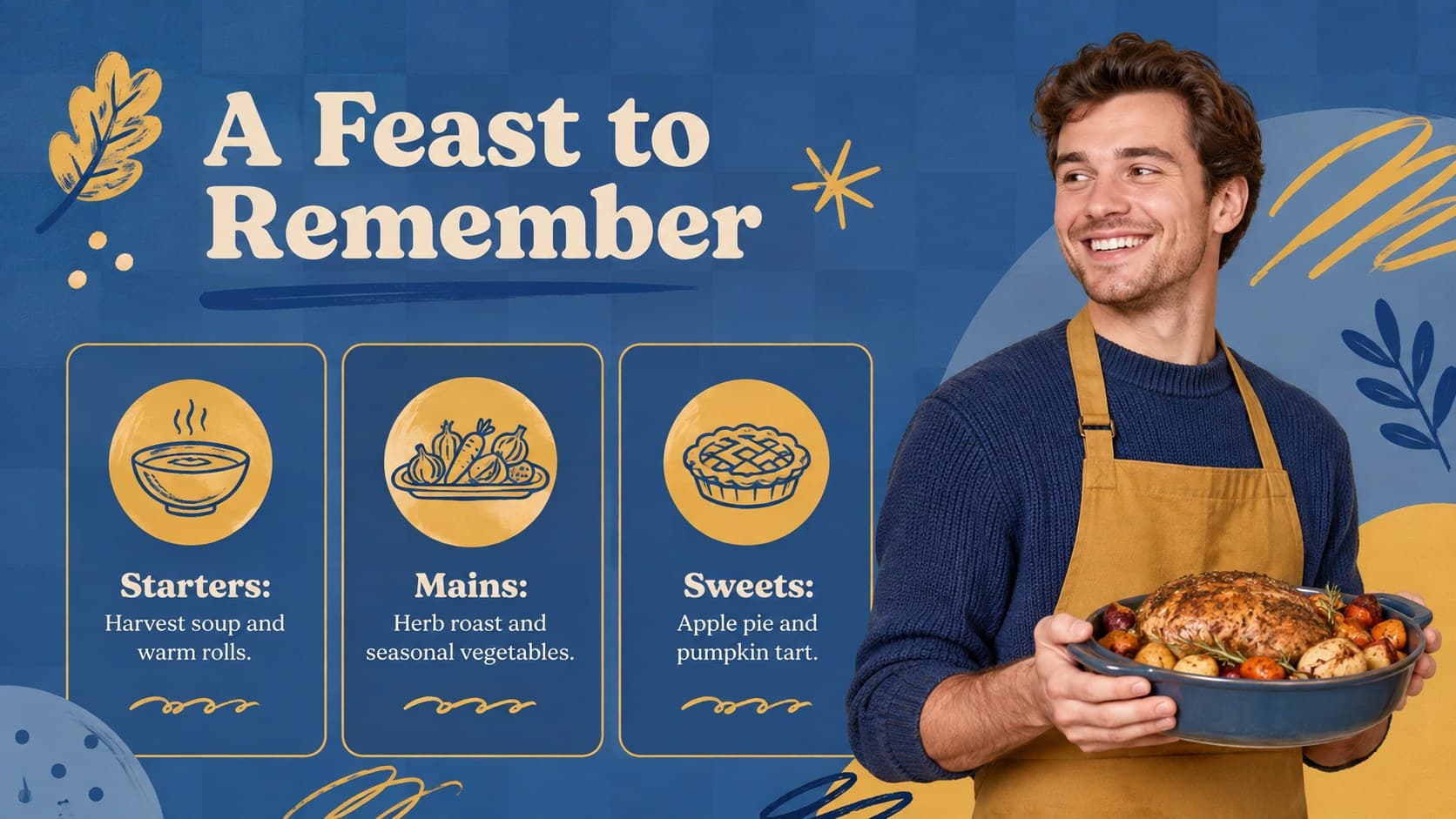 Blue and yellow Thanksgiving menu slide featuring starters, main dishes, and desserts.