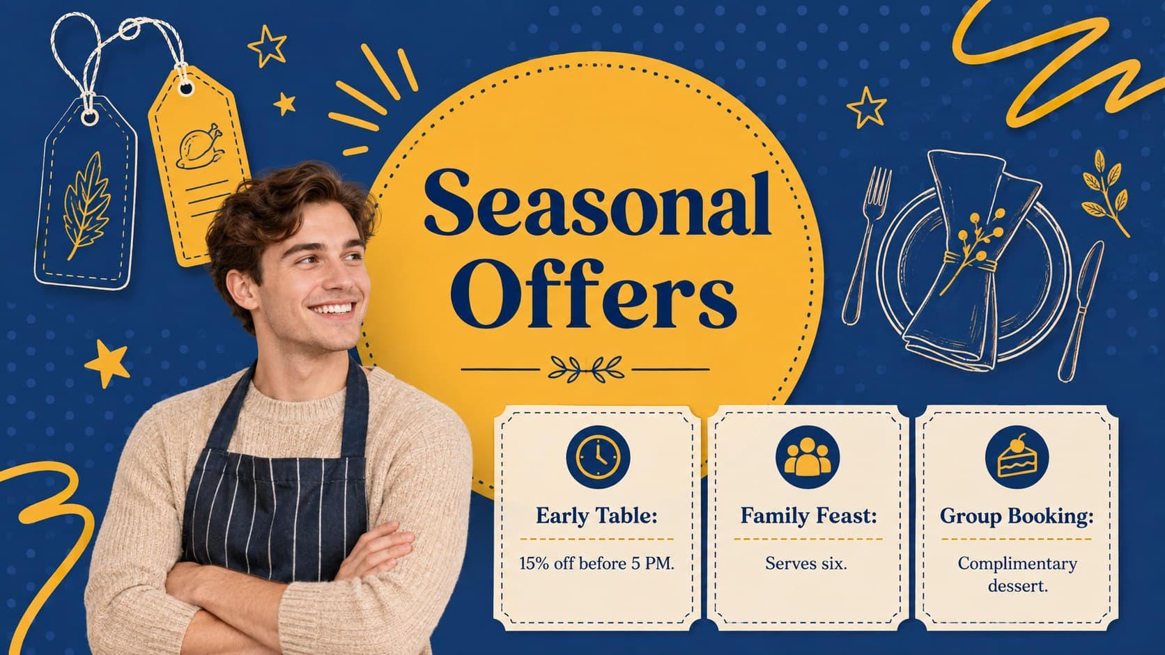 Playful holiday marketing deck slide advertising Thanksgiving dining and group booking offers.