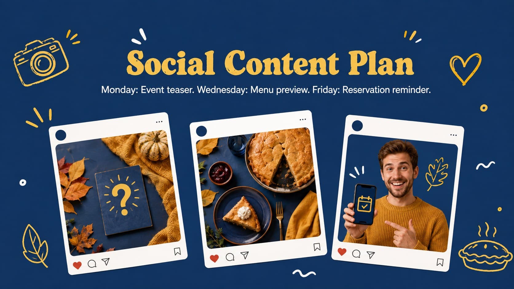 Social media planning slide for a Thanksgiving restaurant campaign with teaser, menu, and reminder posts.