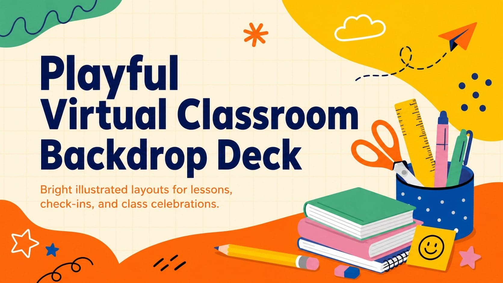 Cover of the Playful Virtual Classroom Backdrop Deck with orange and yellow school-themed illustrations.