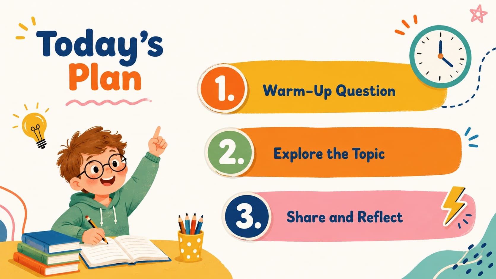 Orange and yellow online lesson agenda layout with three clearly organized classroom activities.