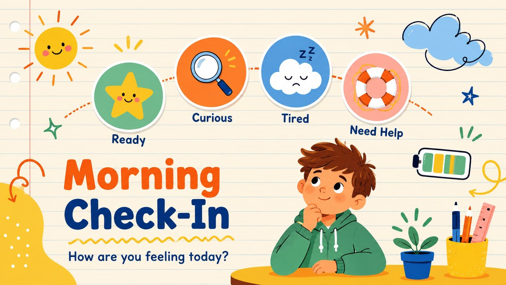 Illustrated teacher check-in slide with colorful mood choices for an online classroom.