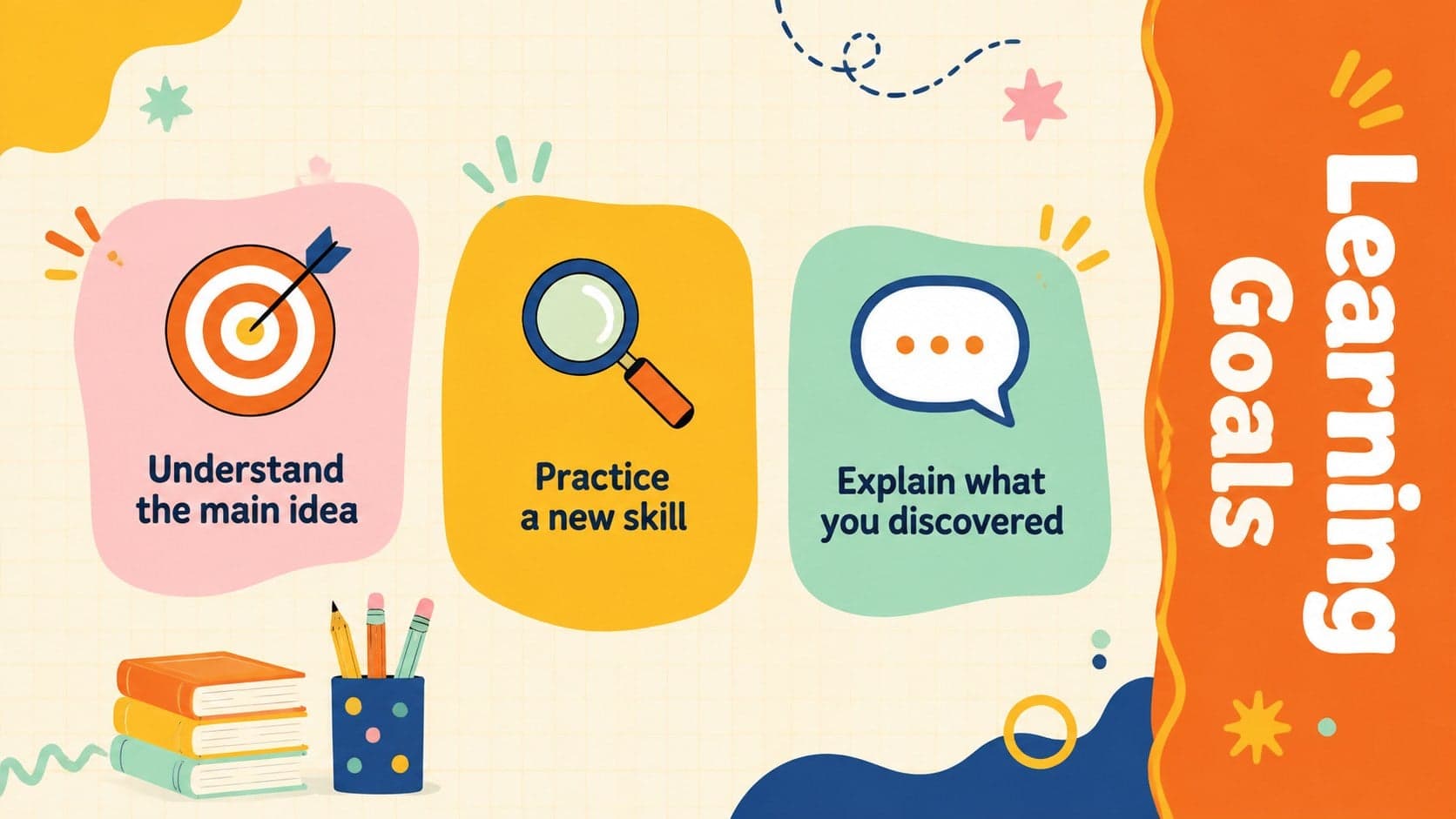 Kid-friendly video lesson slide presenting three learning goals in bright illustrated panels.