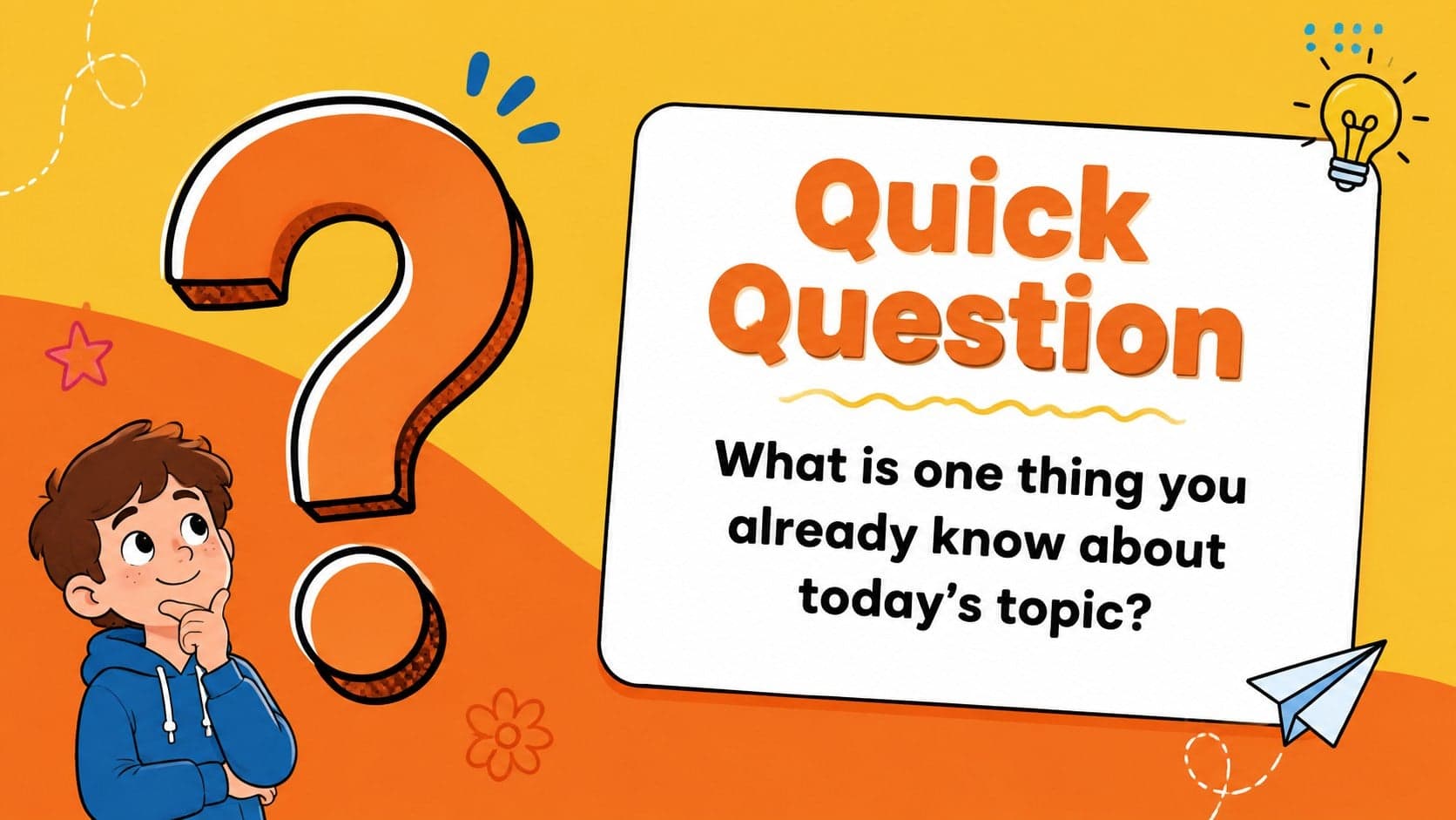 Bright digital learning presentation slide featuring a quick classroom discussion question.