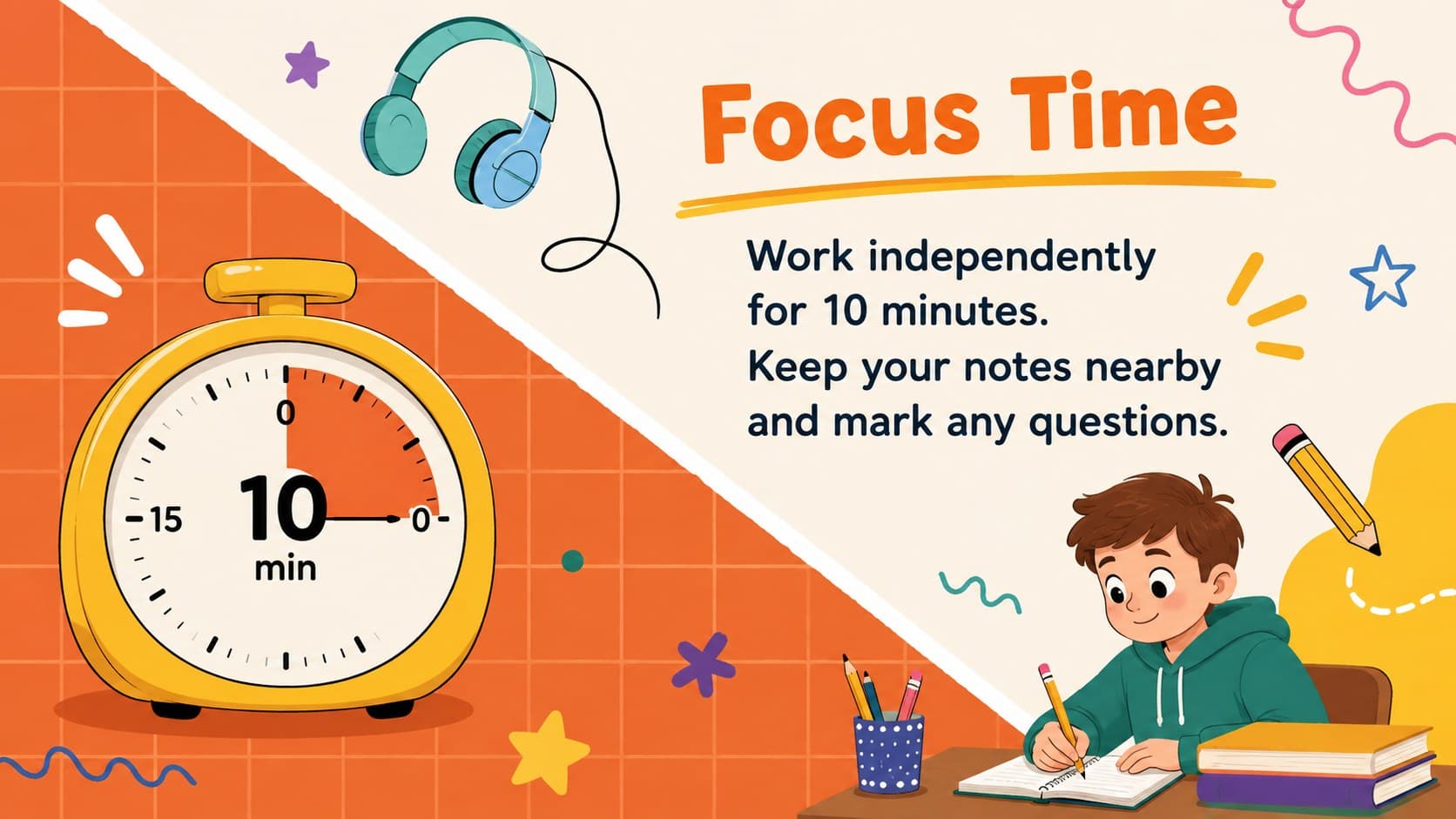 Playful remote learning focus slide with a timer area and simple task instructions.