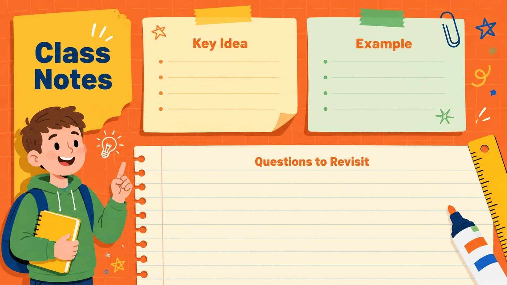 Orange classroom slide theme with organized sections for key ideas, examples, and questions.