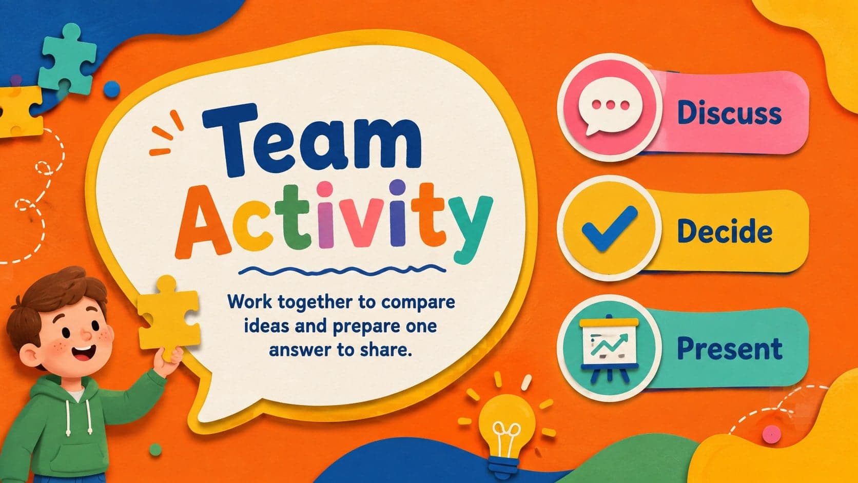 Colorful remote teaching backdrop for a small-group classroom activity and team discussion.