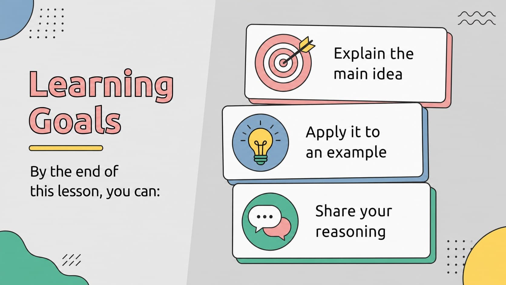 Online lesson slide showing three learning goals in colorful illustrated sections for student engagement.