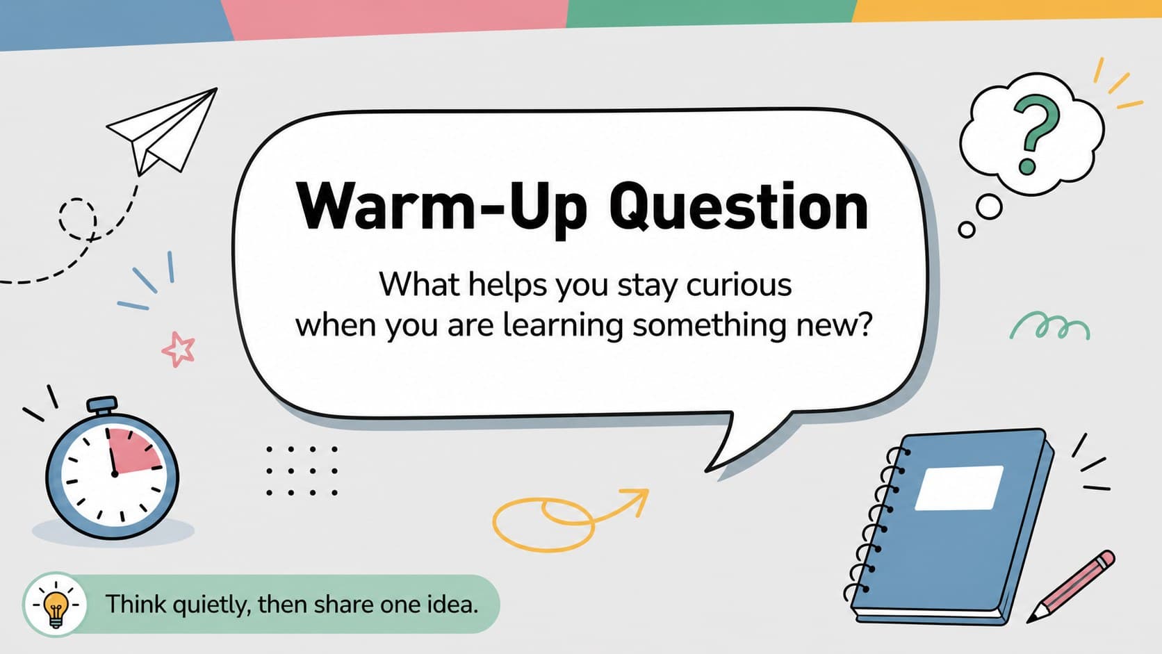 Playful online learning warm-up slide with a discussion question and colorful classroom doodles.