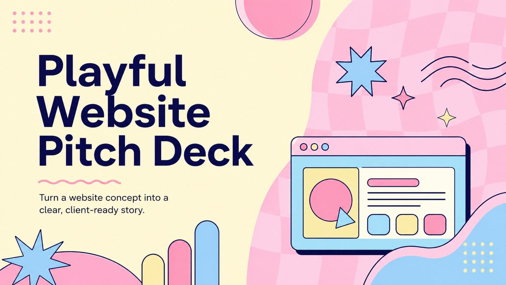 Cover of a playful website pitch deck with pastel retro graphics and a client-focused subtitle.