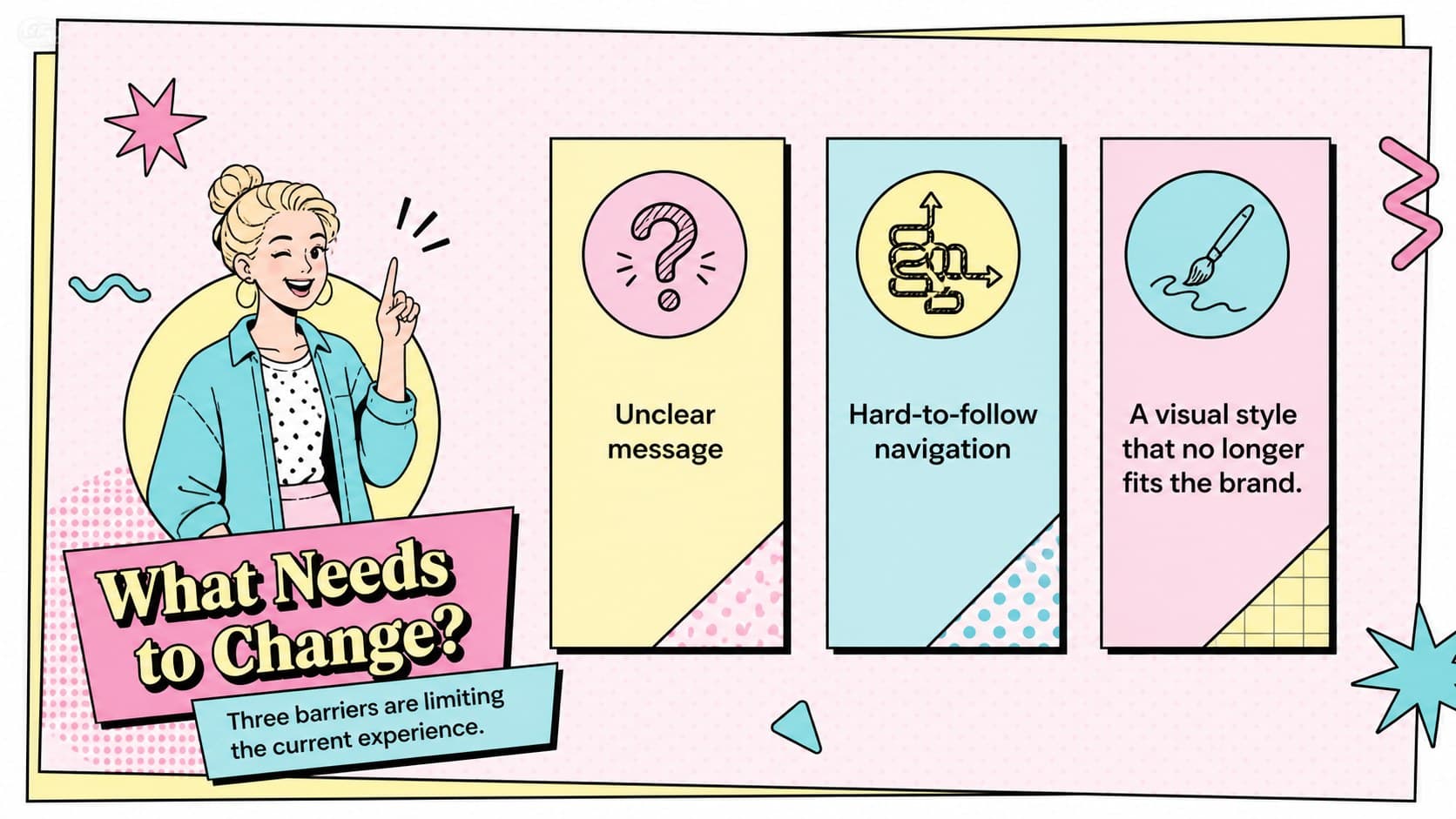 Creative agency website pitch template slide presenting three client challenges with colorful icons.