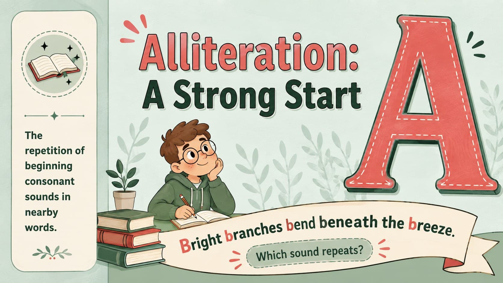 Alliteration teaching slide with a definition and an original repeated-consonant example.