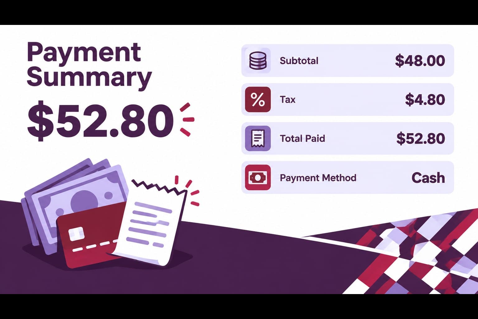 Payment summary slide with subtotal, tax, total paid, and payment method for daily cash reconciliation slides.