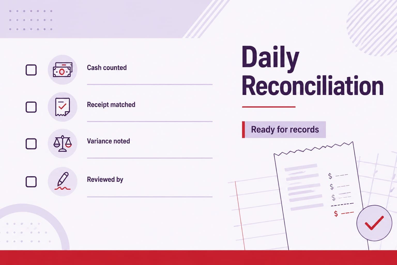 Closing reconciliation layout for a retail payment record slide deck with notes and cash review status.