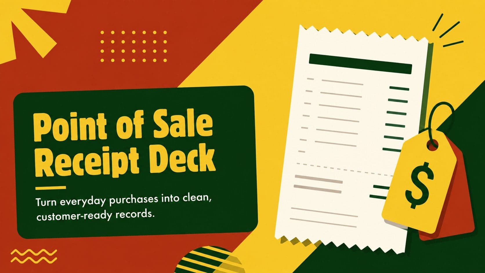 Bold yellow, green, and red cover for a point of sale receipt deck designed for independent shops.