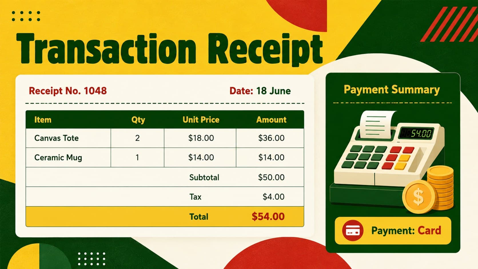 Editable transaction receipt slide showing items, quantities, taxes, payment method, and total.