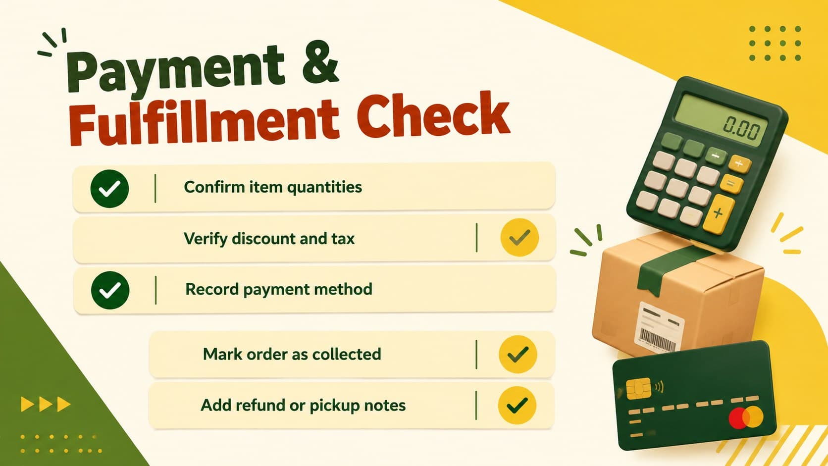 Retail payment checklist slide for verifying totals, payment status, and order fulfillment.