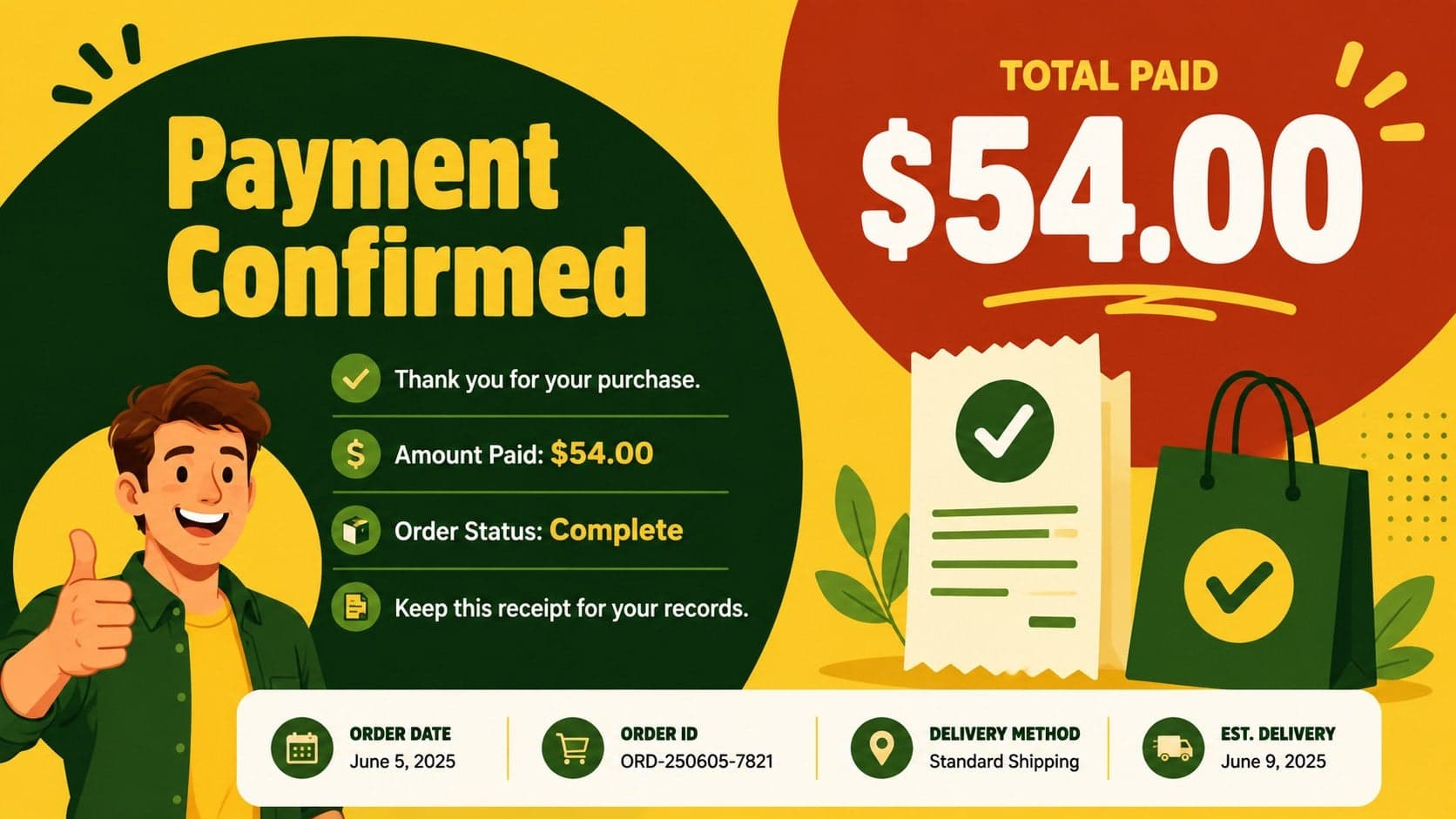 Customer payment confirmation slide summarizing the receipt total and order status.