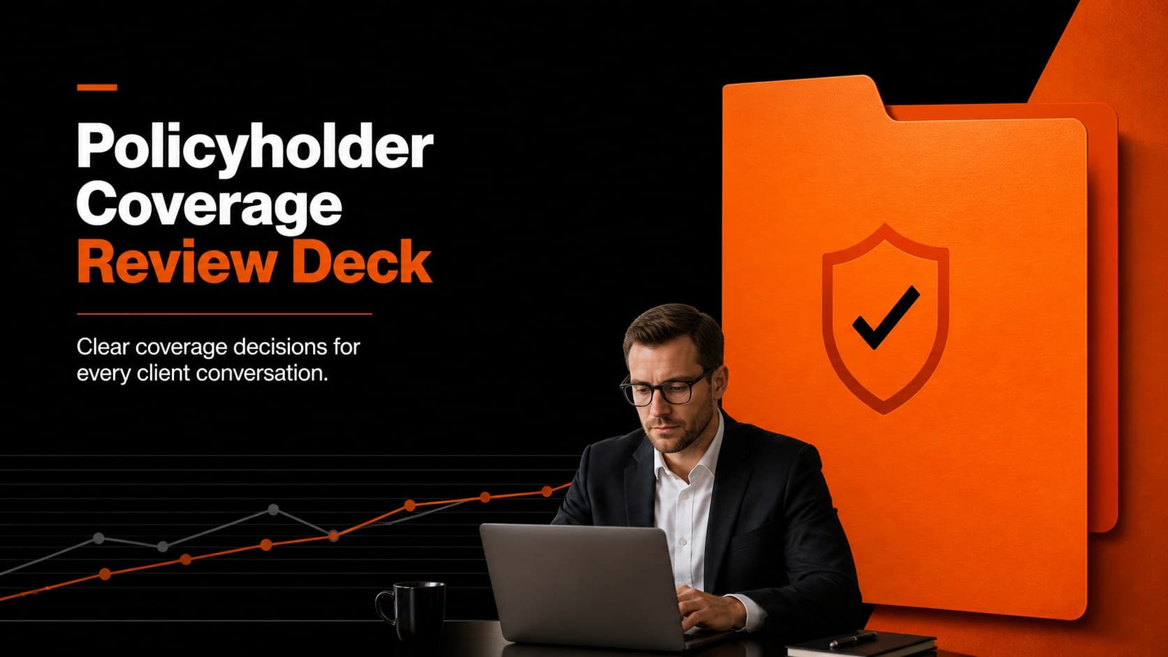 Cover slide for a policyholder coverage review deck with a bold black-and-orange corporate layout.