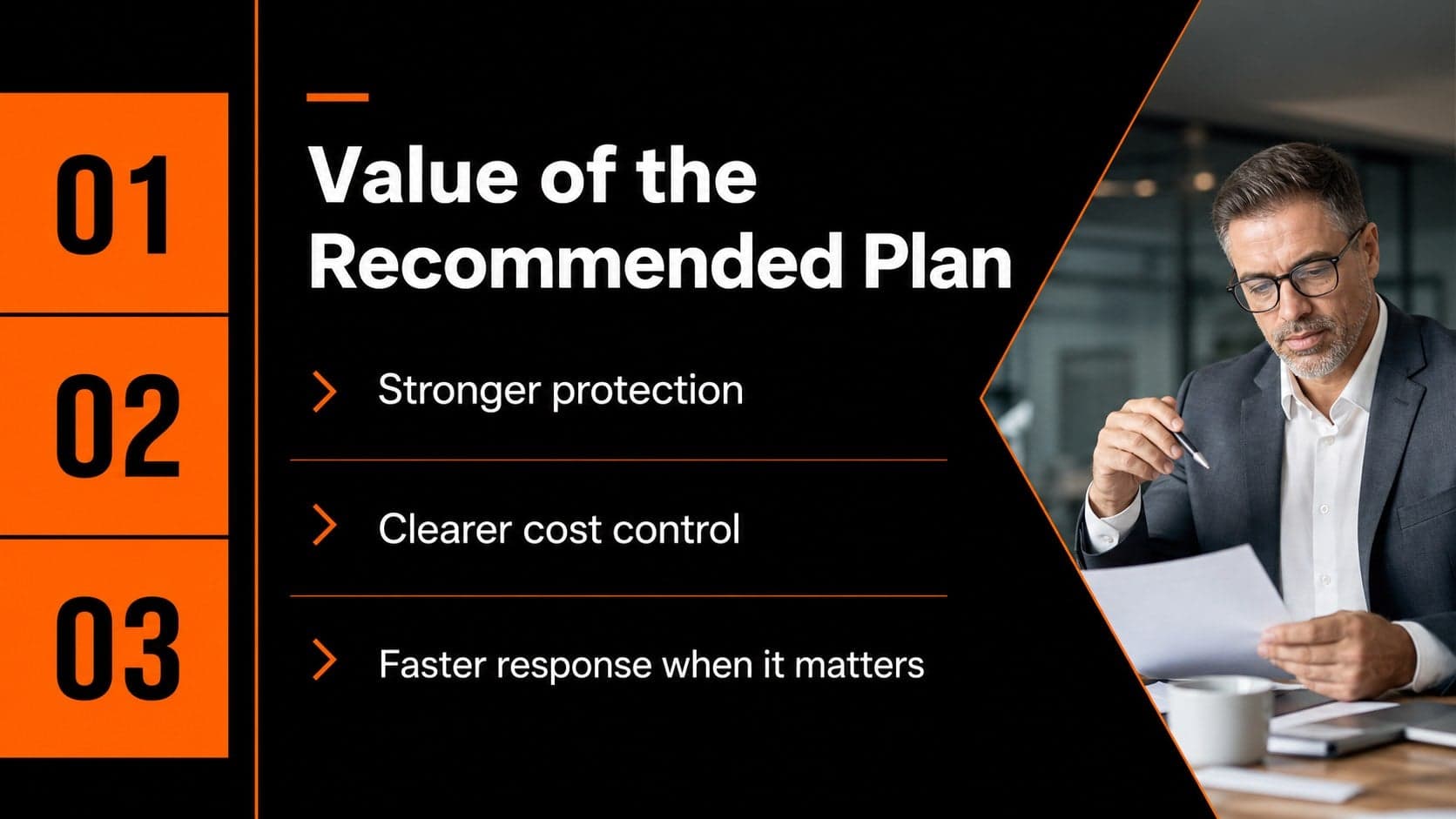 Benefits slide explaining how a recommended insurance plan supports client priorities.