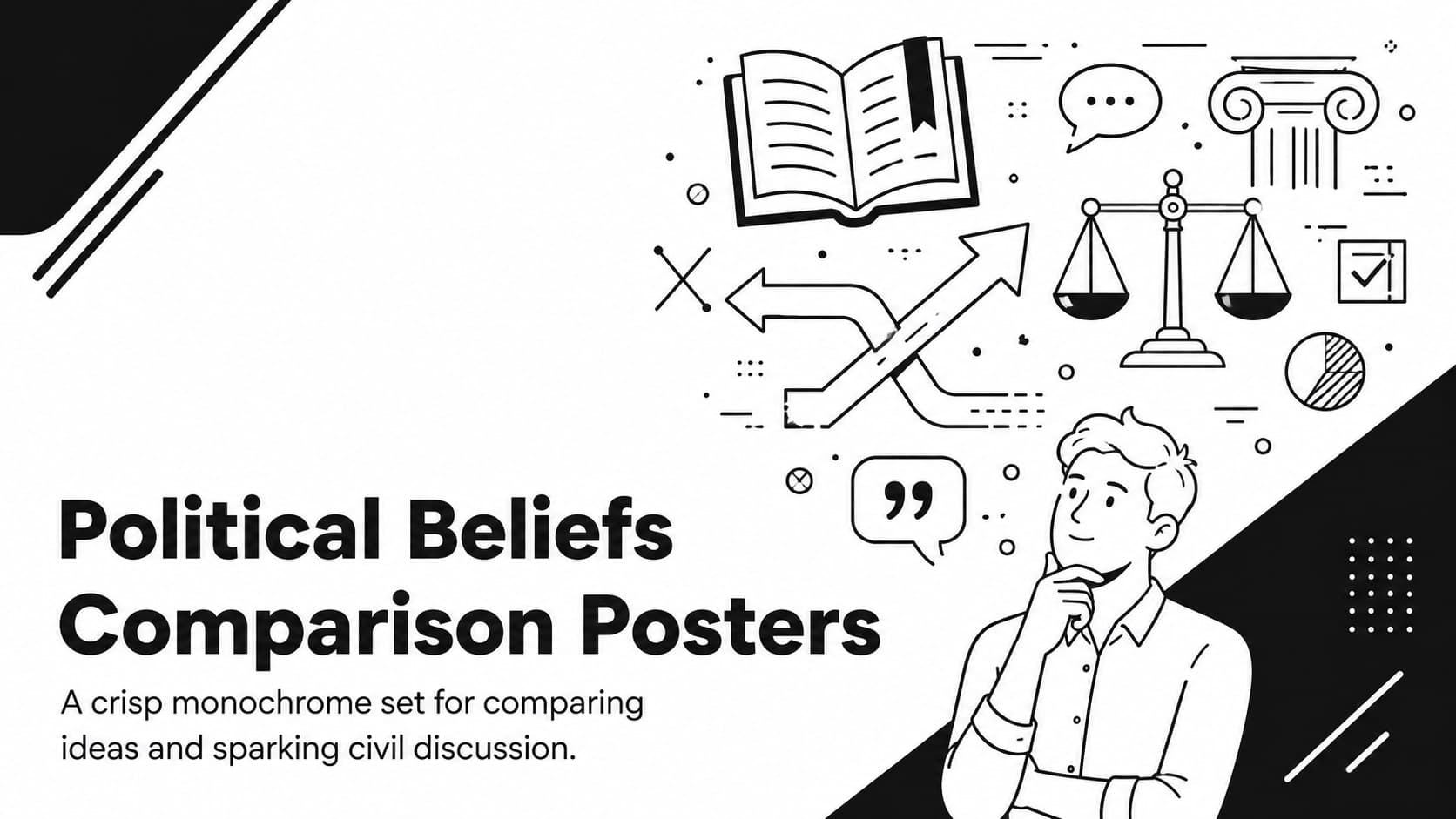 Cover for Political Beliefs Comparison Posters with bold monochrome typography and playful civics-themed line art.