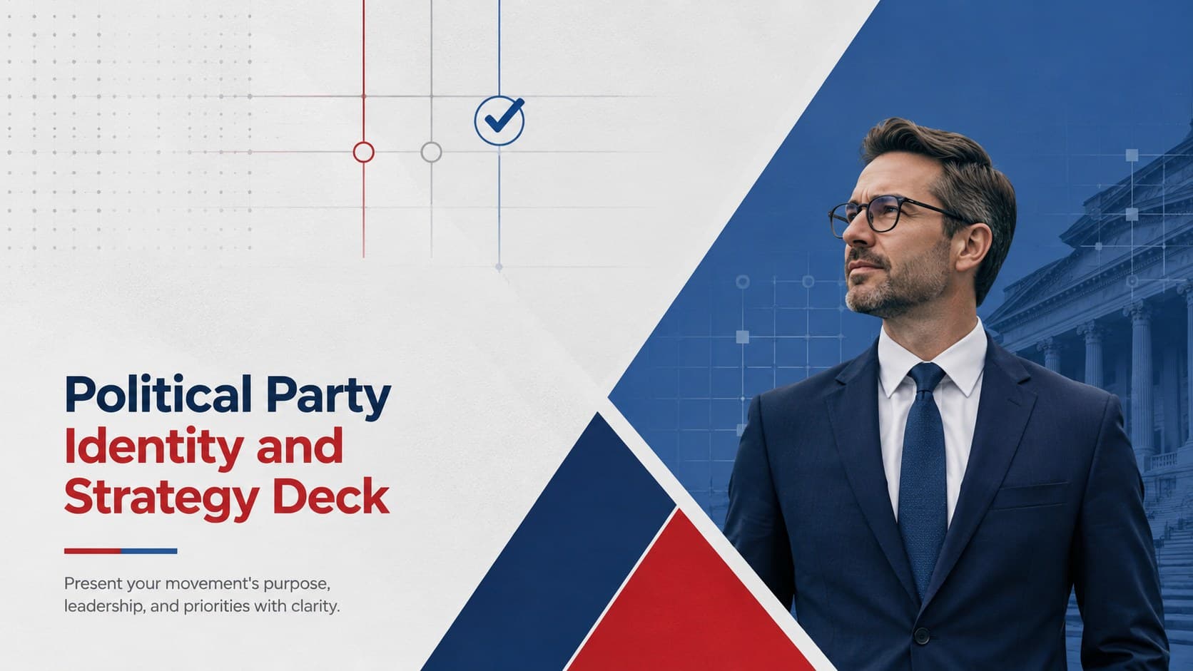 Cover of a Political Party Identity and Strategy Deck in a professional red, blue, and grey civic design.