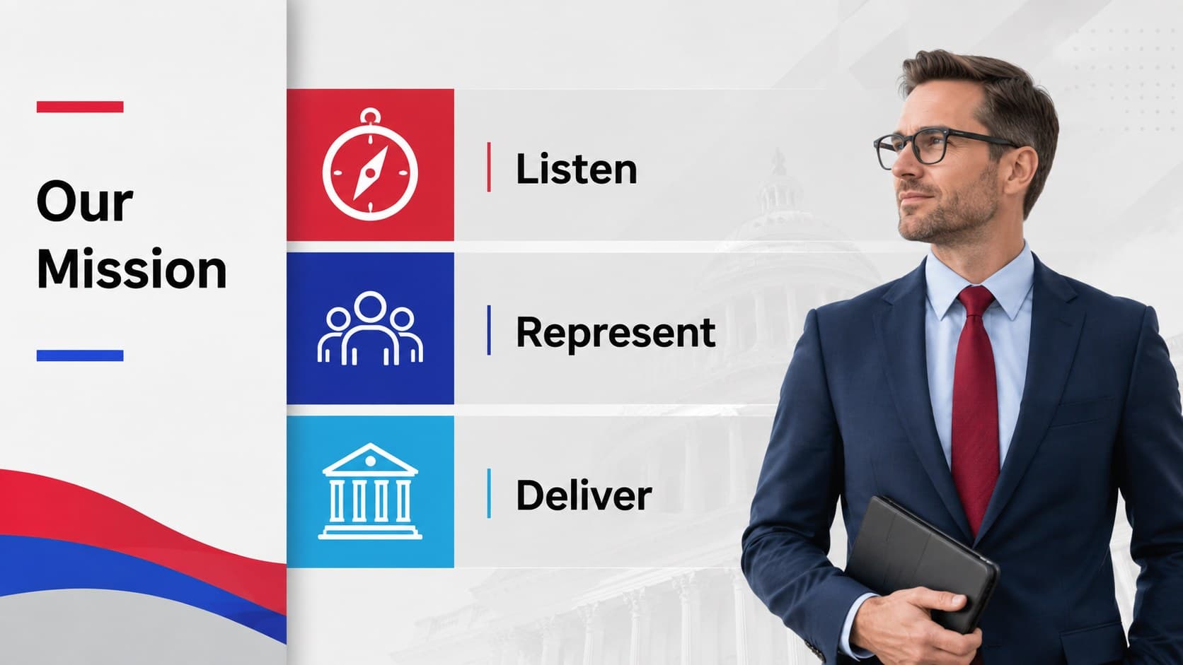 Political organization profile presentation slide outlining the party mission and public purpose.
