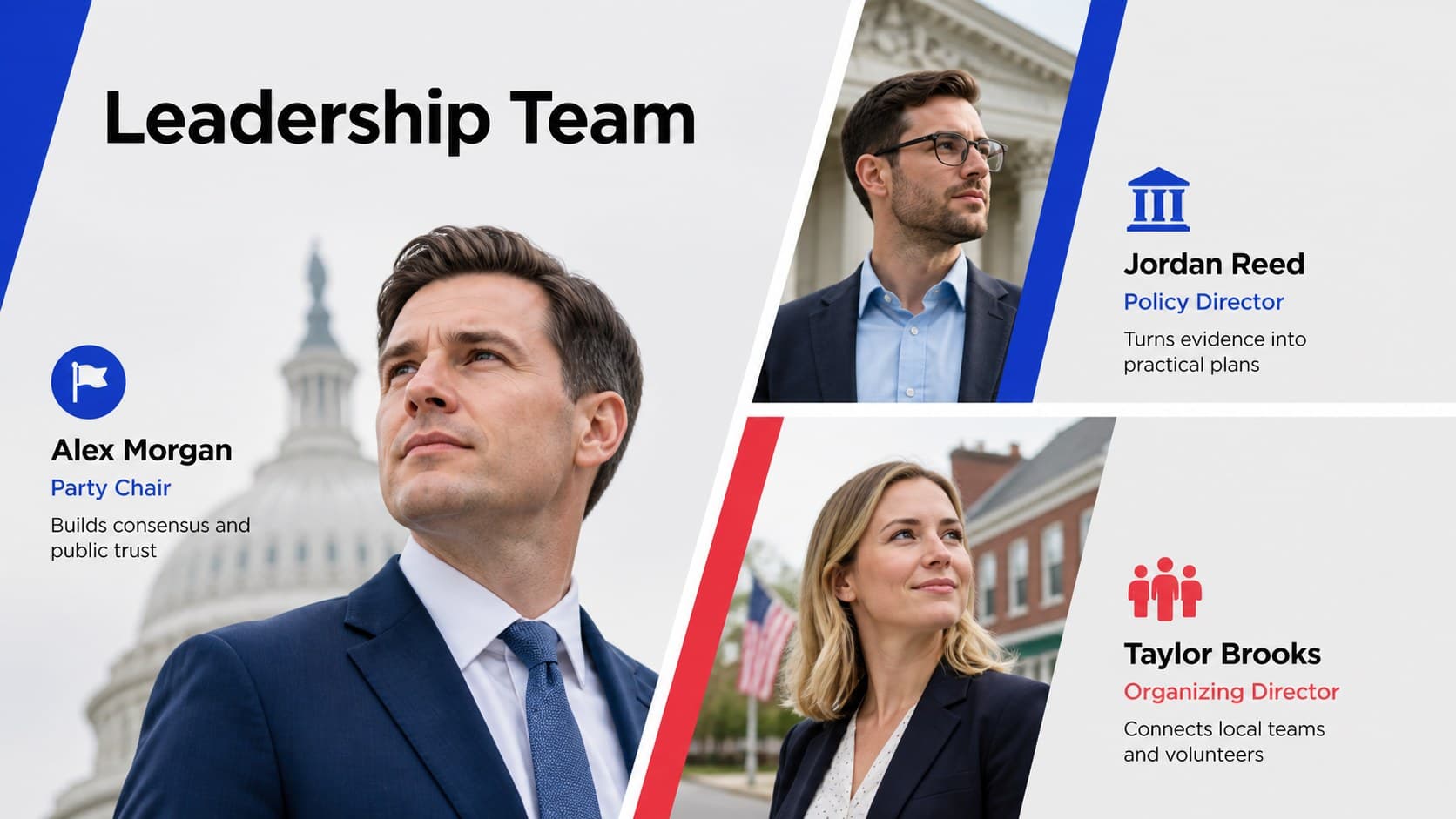 Political leadership team presentation with profiles for the chair, policy lead, and organizing director.