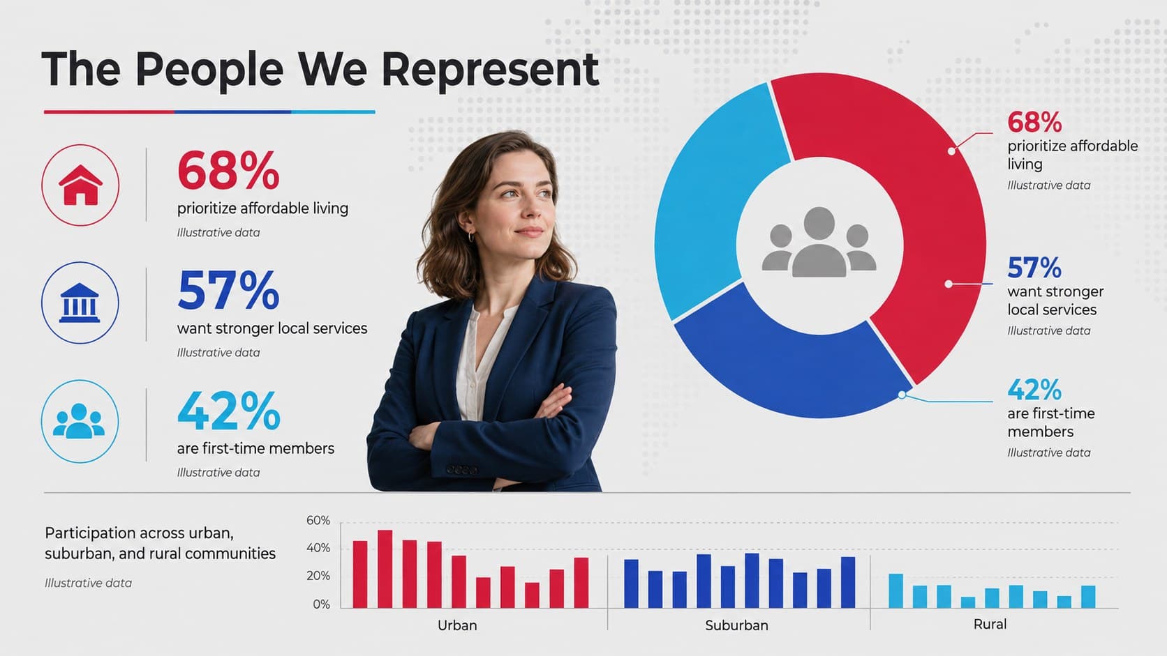 Party supporter demographics slide with audience statistics and regional participation data.