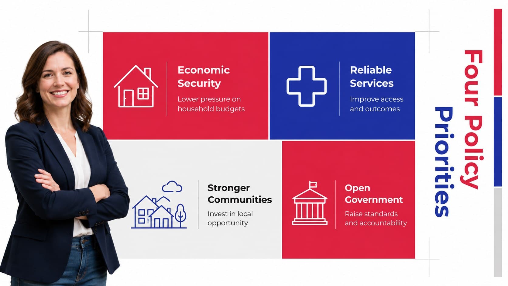 Party policy priorities slide covering economic security, public services, communities, and government reform.
