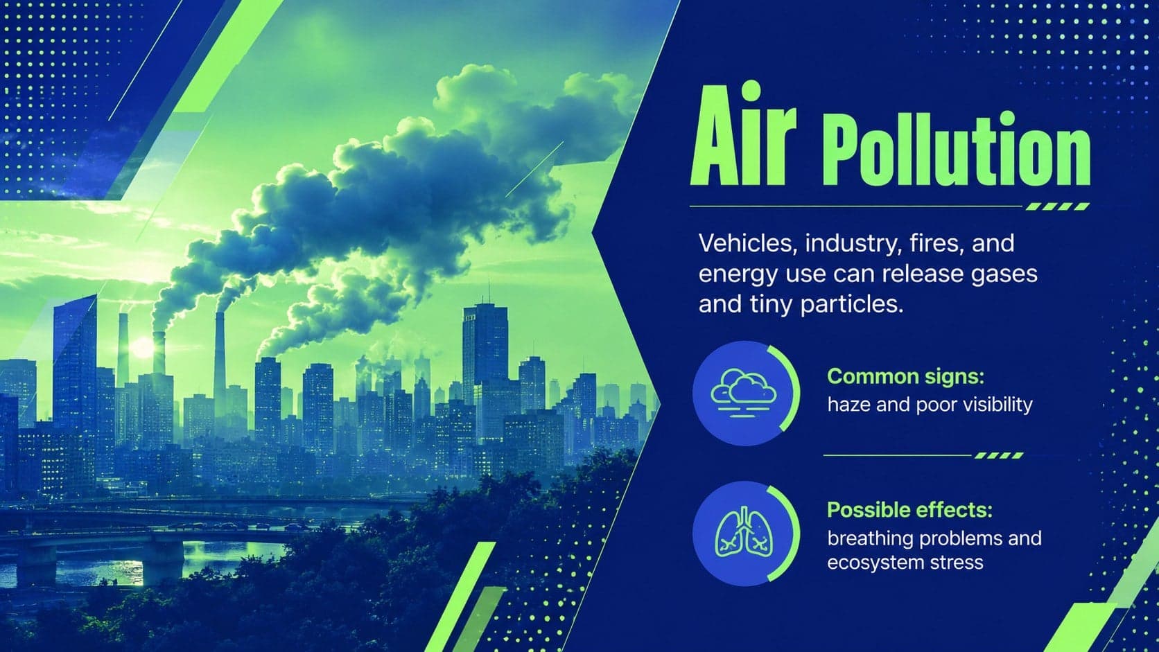 Air pollution science slide showing emission sources, particulate matter, and health effects.