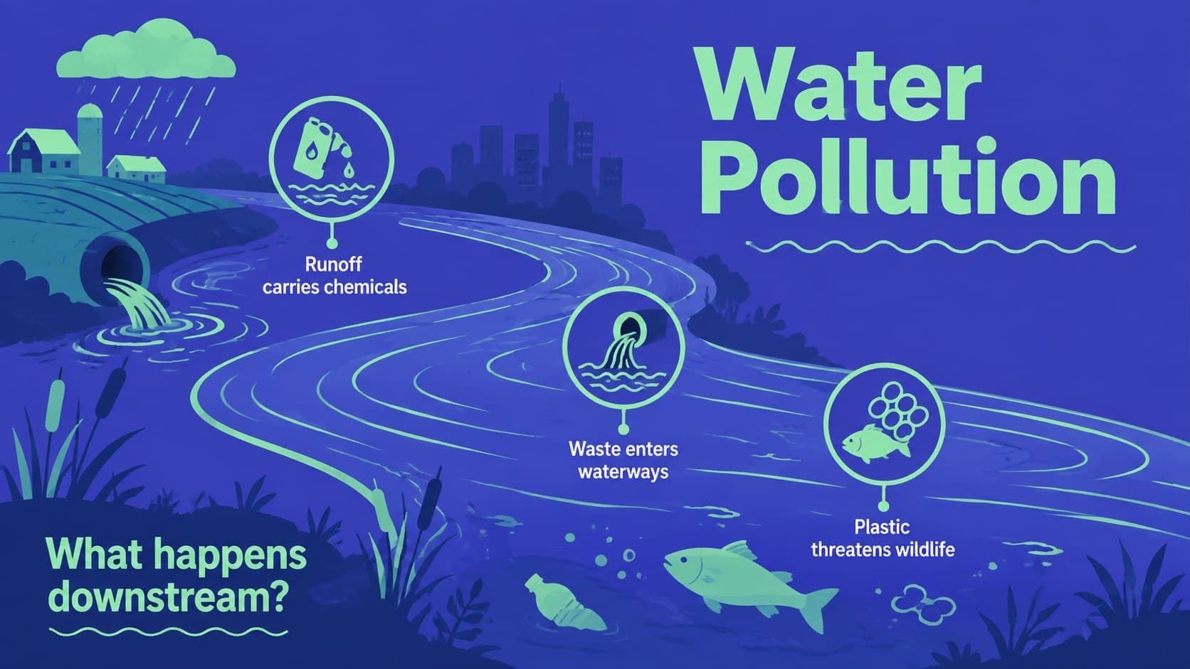 Water pollution lesson slide tracing runoff and waste into rivers and aquatic habitats.
