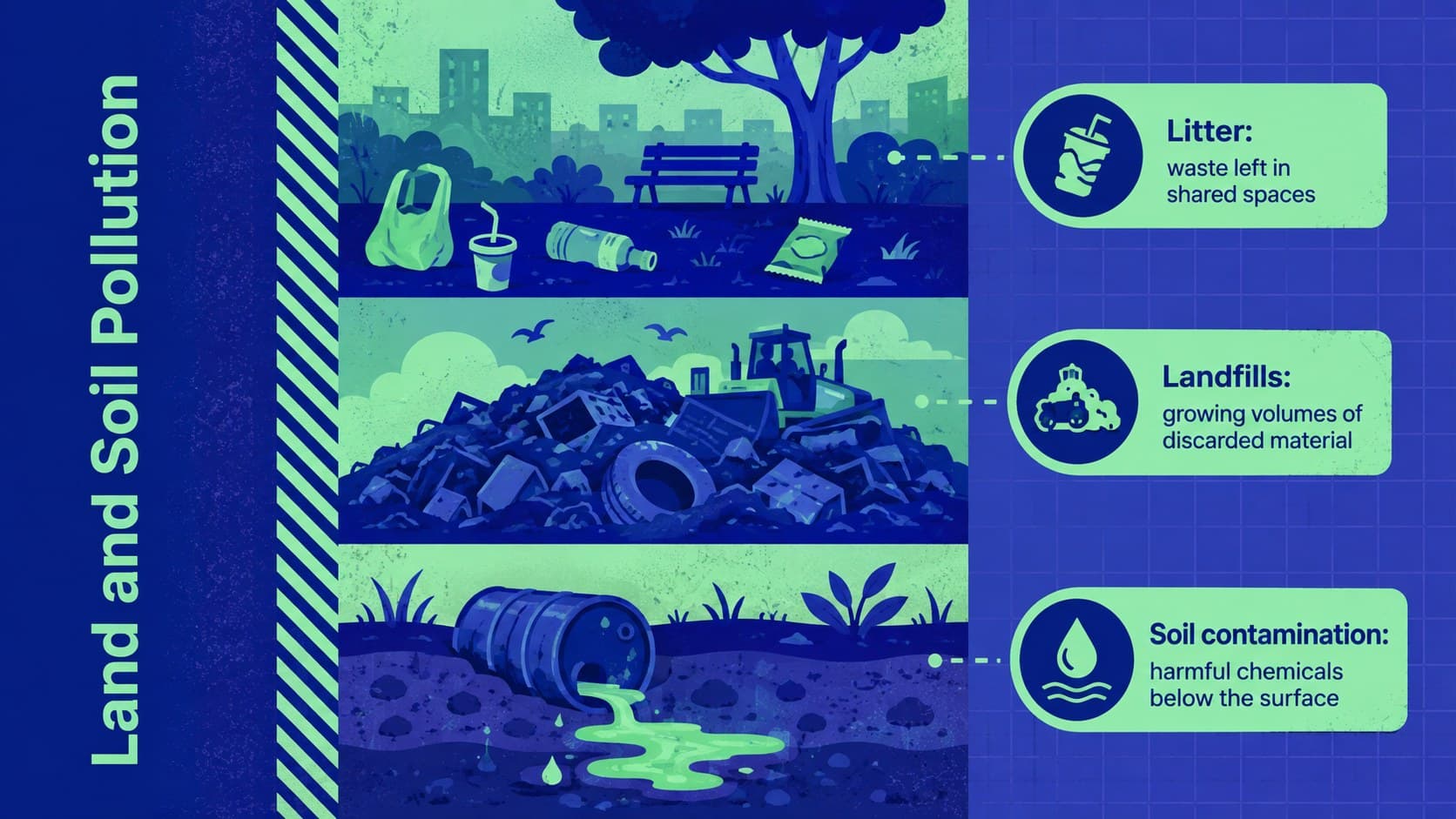 Land pollution education slide comparing litter, landfill waste, and soil contamination.