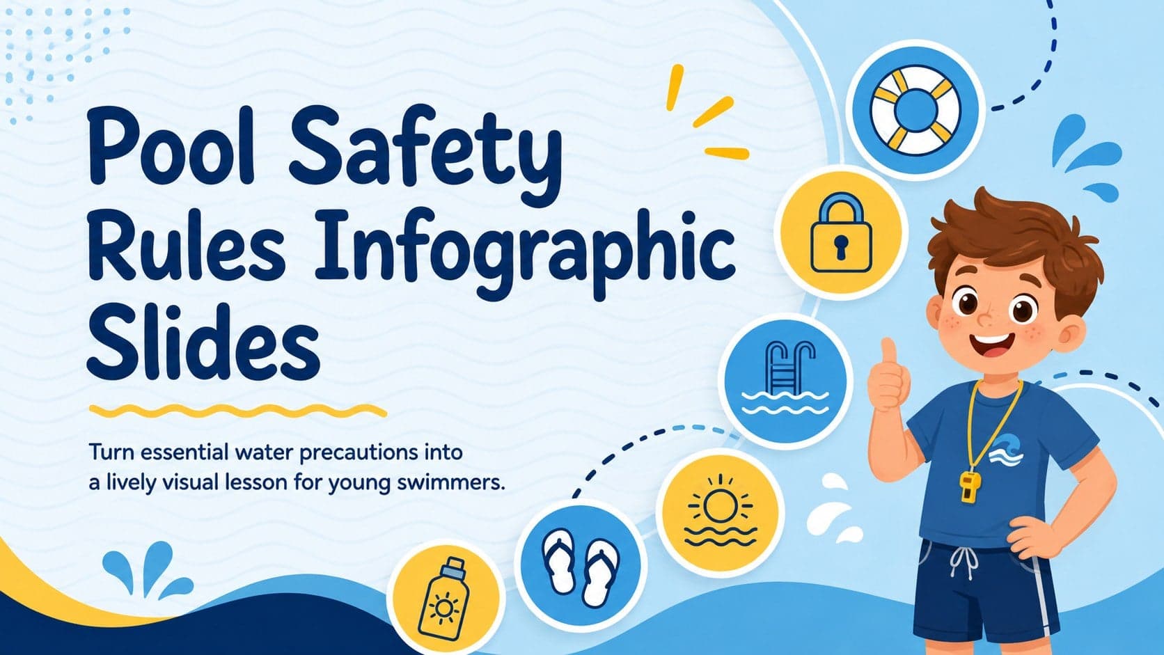 Blue and yellow cover for Pool Safety Rules Infographic Slides with playful aquatic illustrations.