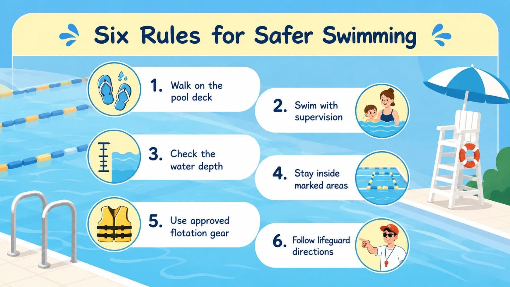 Pool safety rules infographic showing six safe swimming behaviors in a blue and yellow checklist layout.