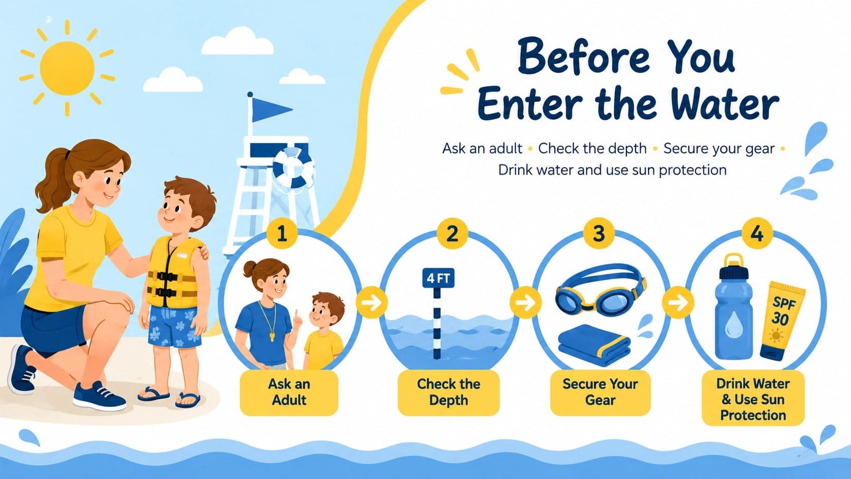 Before-you-swim preparation slide with illustrated water safety checklist items for children and families.