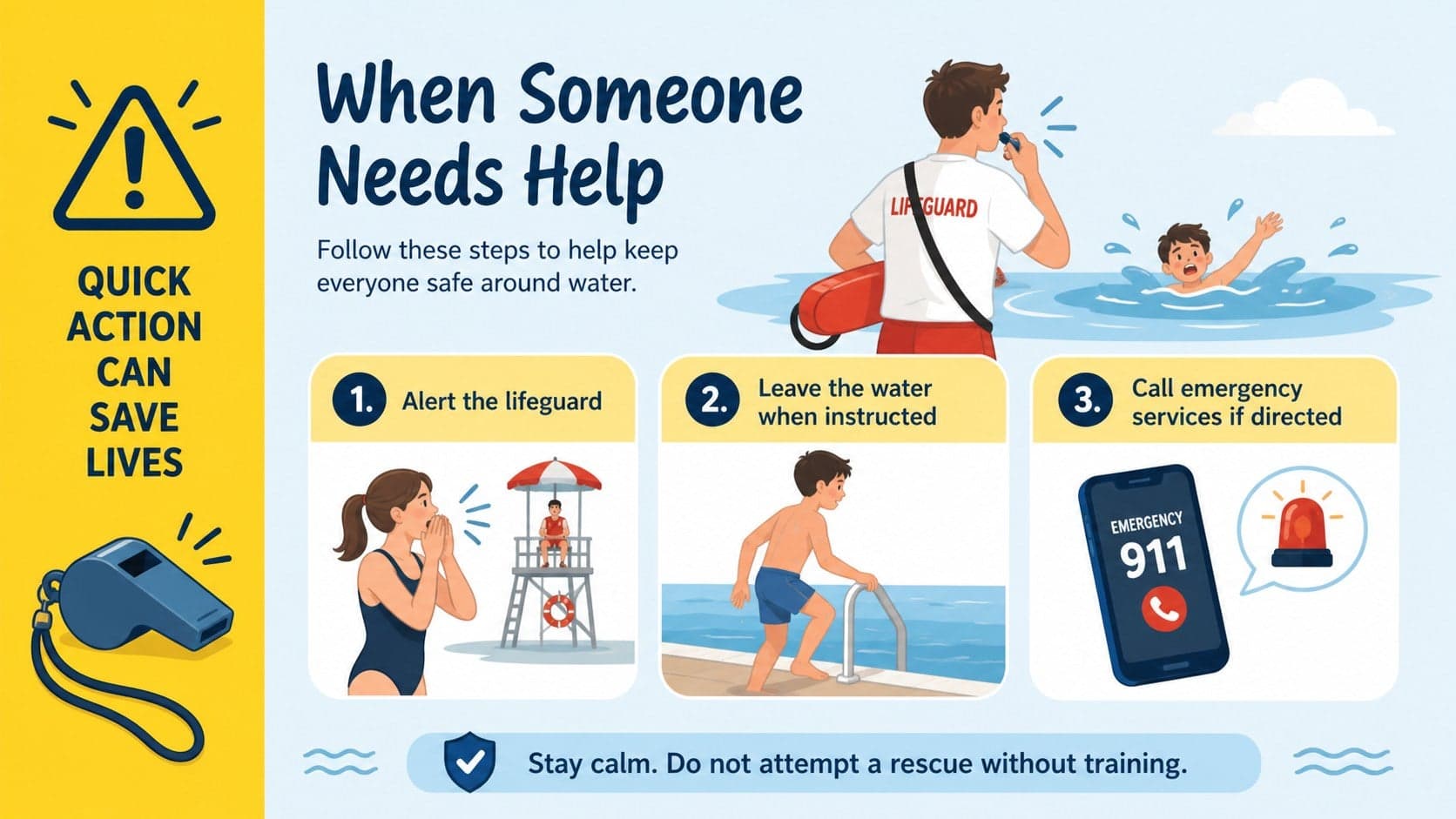 Emergency pool safety response infographic with clear steps for calling a lifeguard and leaving the water.