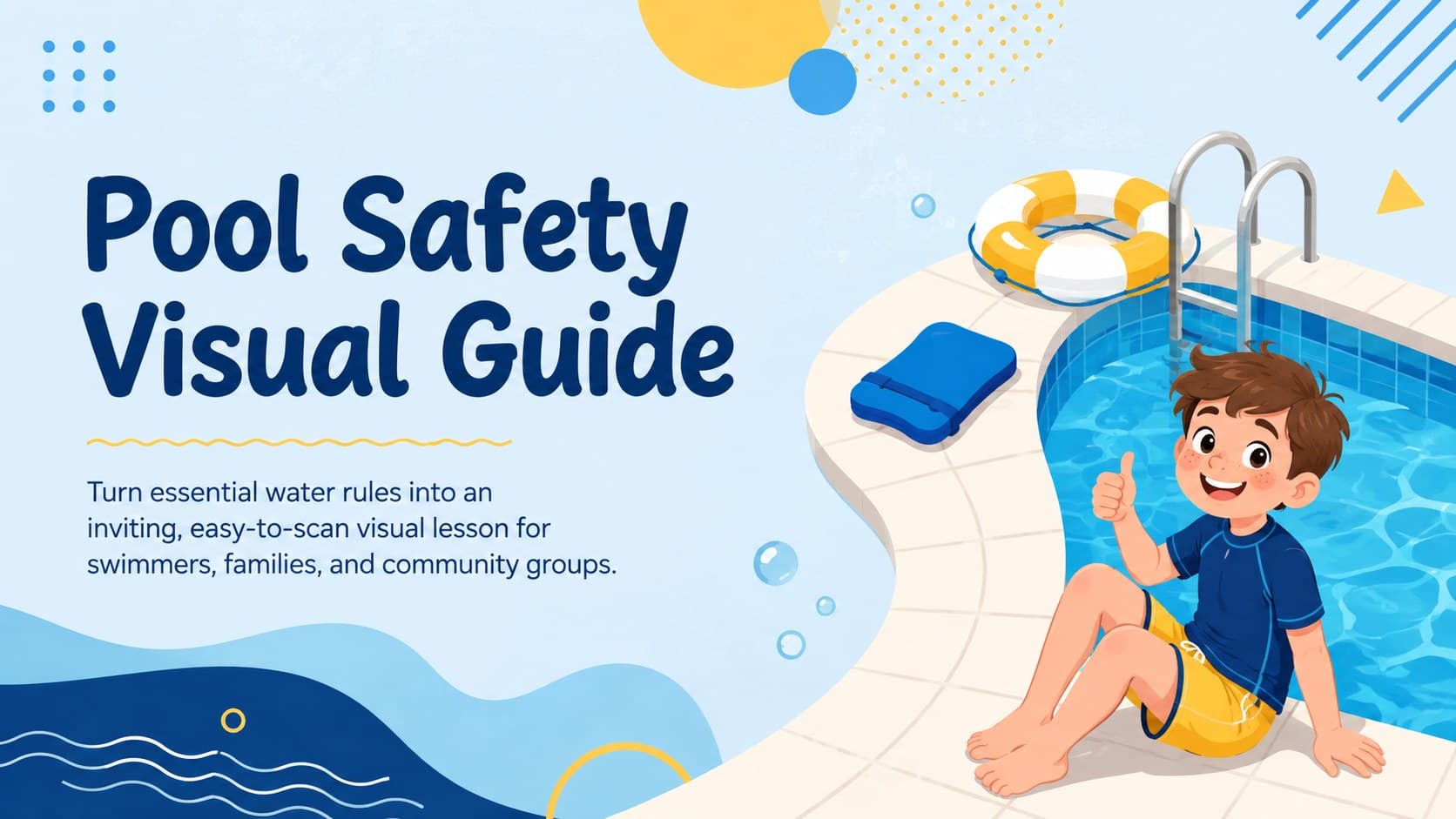 Cover of a blue-and-yellow pool safety visual guide with original aquatic illustrations and a clear educational subtitle.